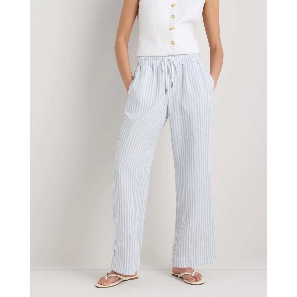 Quince European Linen Wide Leg Pants Sky Blue Mariner Stripe Medium NWT